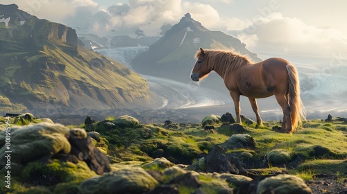 8K wallpaper of an Icelandic horse standing on a moss-covered volcanic plain, with glaciers and rugged peaks stretching into the horizon