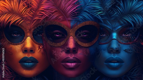 Modern illustration for event announcements with a masquerade ball, carnival, festival, party, and characters dressed in costume and masks.