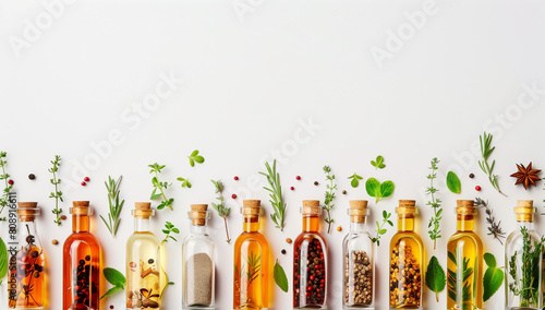 Ecofriendly cooking oil bottles with herbs and spices on a white background, in a flat lay, from a top view, with space for text, photographed with a wide angle lens, lit with cinematic lighting, as h