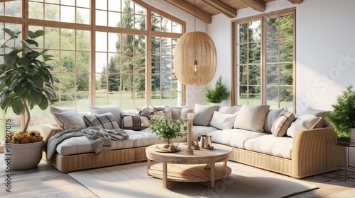 Farmhouse country boho inspired modern living room, home to a round coffee table and a cozy rattan corner sofa set against charming grid windows