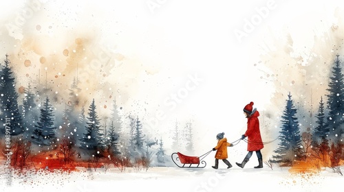 Winter scene with mother pulling sled with child during the holidays. Woman walking with child in sleigh during holiday season. Colorful modern illustration of outdoor activity.