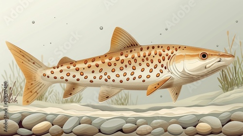 This is a small leopard shark or catshark with a spotted back and a long fin. It is a sea animal with a colored flat modern illustration isolated on a white background.