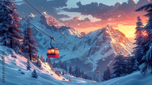 Mountain cablecars lifting over a winter background. Ski resort landscape with ropeway, funiculars, snow and Alps. Alpine ropeway. Flat modern illustration of cablecar booths.