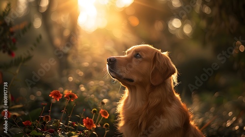 A golden retriever dog sitting in the sun, with rays of sunlight shining through trees and flowers.