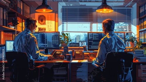 Interior panorama of cops in uniform talking and working at computers in the detective bureau. People and cops in police authority. Flat modern illustration.