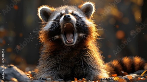 Isolated flat modern illustration of a cute raccoon stretching and yawning in a funny pose. Adorable lazy sleepy relaxed racoon. Amusing careless sweet animal character.