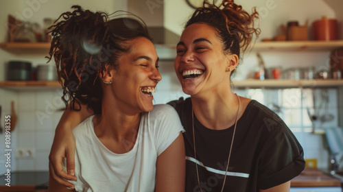 Young queer couple laughing together indoors. Happy young queer couple having fun together while standing in their kitchen. Romantic young LGBTQ+ couple bonding fondly at home. Stock Photo photography