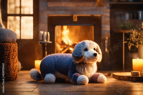 Soft toy dog lies on floor in home room in front of the fireplace