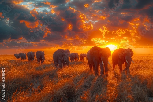 Majestic African elephants walking in the wild with a breathtaking sunset in the background, radiating the warmth of the savannah