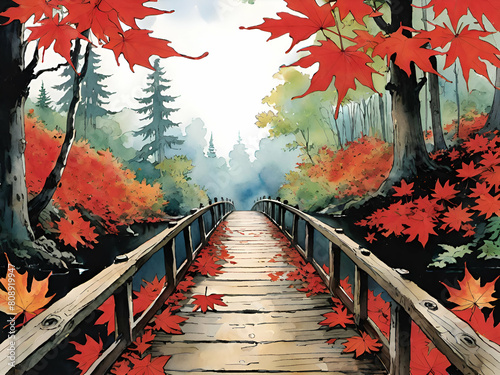 Red maple leaves on old wooden bridge in forest for nature background.