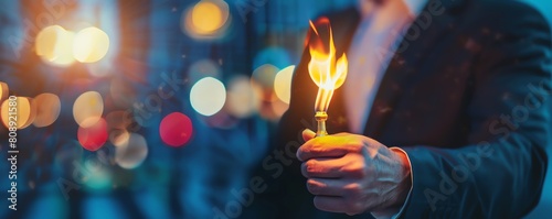 A man holds a lit match in his hand