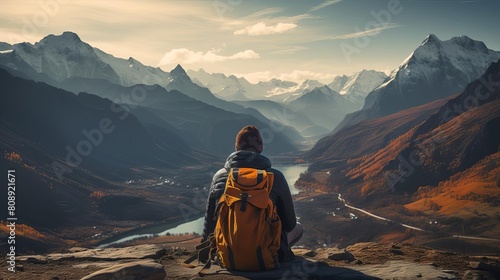 Travel lifestyle shot of a solo adventurer overlooking a mountain vista, capturing the spirit of exploration and freedom