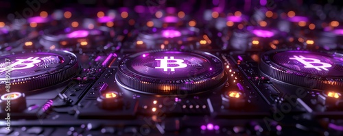 A close-up image of a circuit board with a Bitcoin symbol in the center. The circuit board is glowing purple and there are small lights blinking around the Bitcoin symbol.