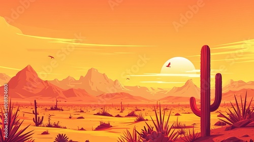 Vector illustration of western desert landscape with sunny weather and sunrise on a summer background