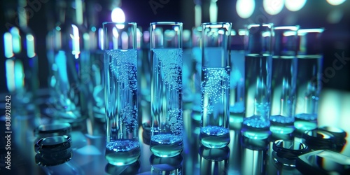 of laboratory test tubes containing a mixture of cobalt blue and translucent gels, positioned on a luminous light table