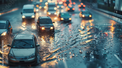  A traffic jam on a flooded highway with cars. Blurred traffic seen through a rain-covered car window at night. Overcast weather and commute concept.