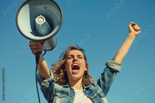 energetic woman with megaphone making loud announcement communication concept