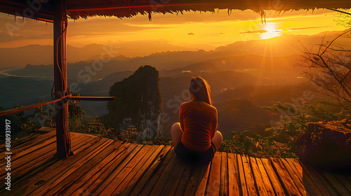 Picture from the back of a woman sitting on wooden porch extending into a high mountain cliff. The sun is setting on the mountain and there is a beautiful warm orange light. The traveling background.