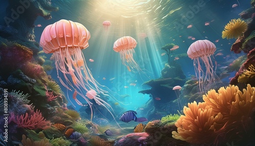 Shining jellyfish in water