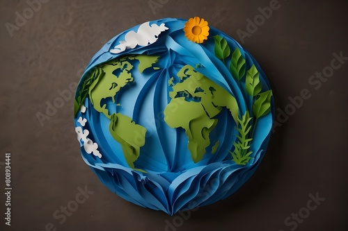 A paper globe replica of Earth rests on a wooden table. idea of Earth Day.a green leafy earth glass globe representing a planet that is environmentally friendly