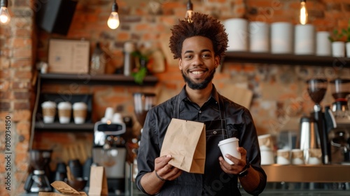 A Barista Holding Coffee and Bag