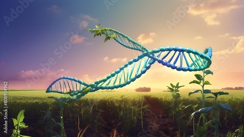A three-dimensional holographic depiction of a DNA strand on a crop field, signifying the genetic modification of plants, with copy space