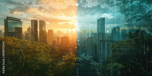 Digital generated image of two environments stuck. Right part covered by trees against left part fully urban and covered by buildings. Sustainability concept.