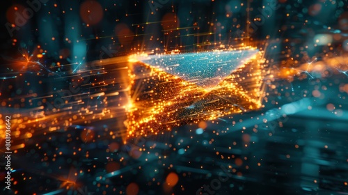 Accelerate virtual envelope on fire, holographic interface, blur effect, central focus, cool tone wide angle lens.