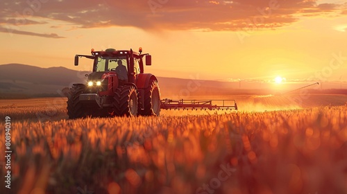 A modern tractor actively spraying crops on a vast farm, set against a dramatic sunset backdrop