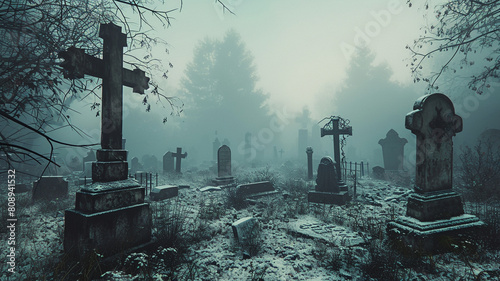.Present an eerie fog-covered graveyard with ancient tombstones