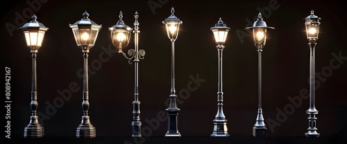 Illustration set of antique lamp posts providing illumination. Classic street lights.Generative AI