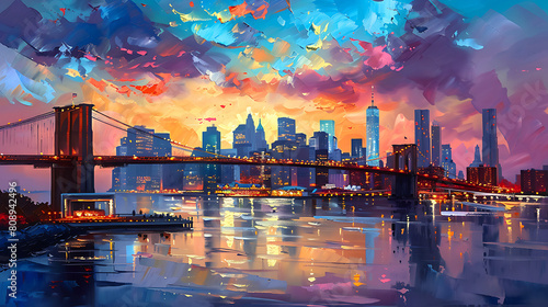 oil painting on canvas, New York City - beautiful sunset over manhattan with manhattan and brooklyn bridge, USA