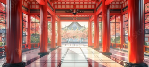 Japanese Shinto shrine temple interior with column. Landmark religion building architecture. Generative AI technology. 