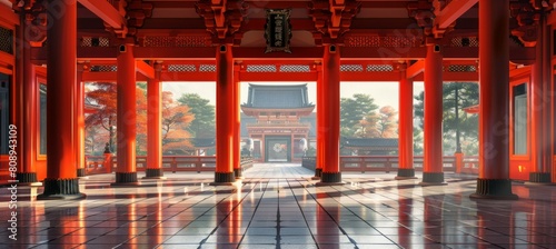 Grand Japanese Shinto temple interior with column. Landmark religion building architecture. Generative AI technology. 