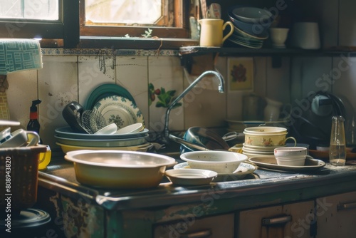 dirty dishes piled in the kitchen sink of an old house selective focus toned neglected household chores lifestyle photography