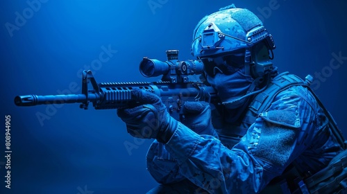 a man in military gear holding a rifle in a blue light