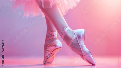 Ballet Dancer En Pointe Pink Tutu and Ballet Slippers on Purple Background