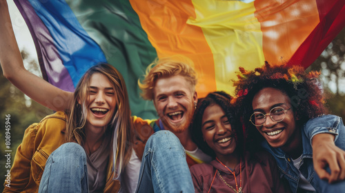 Four LGBTQ people celebrating pride while sitting together. Four friends smiling cheerfully while raising the rainbow pride flag. Group of young queer individuals celebrating together outdoors. Stock 