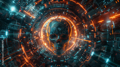 Futuristic technology with a skull and circular interface