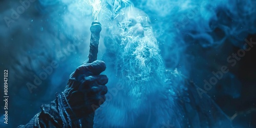 Blue smoke curling around a mysterious figure's hand holding a glowing orb.