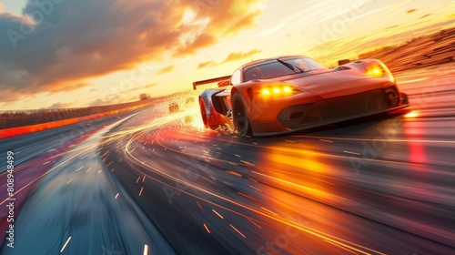 The intense competition of a car race is set ablaze with dynamic motion blur, as vehicles speed across the fiery track at sunset. The image exudes the raw power and energy of motorsport.