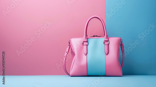 Elegant Pink and Blue Leather Handbags on Gradient Pink Blue Background