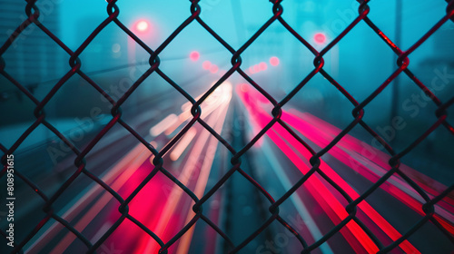 Red and white vehicle light trails through chain link fence on city street at twilight