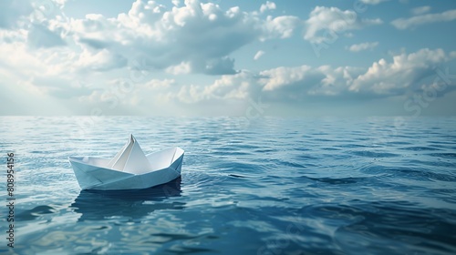 A serene ocean view with a tiny paper boat sailing alone in the vast expanse.