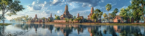 Stunning 3D Render of the Historic Wat Mahathat Temple in Ayutthaya Thailand with Reflected Scenery