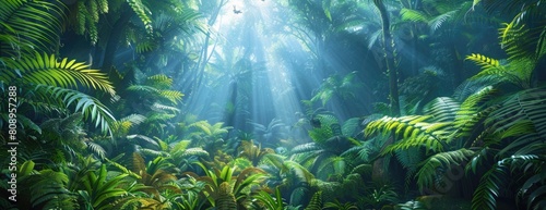 Lush Rainforest Diversity with Ferns, Trees, and Wildlife