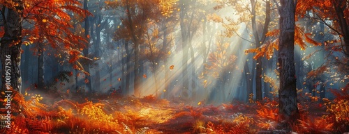 Dewy Autumn Woodland Morning with Sunbeams Piercing Through Mist