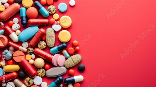 A bunch of pills are scattered on a red background