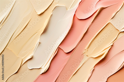 Variety of cosmetic creams. Top view of face foundation palette with diverse textures and colors, featuring product smears