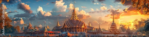 Majestic Sunset Over the Exquisite Temples and Palaces of Wat Phra Borommathat Chaiya in Thailand